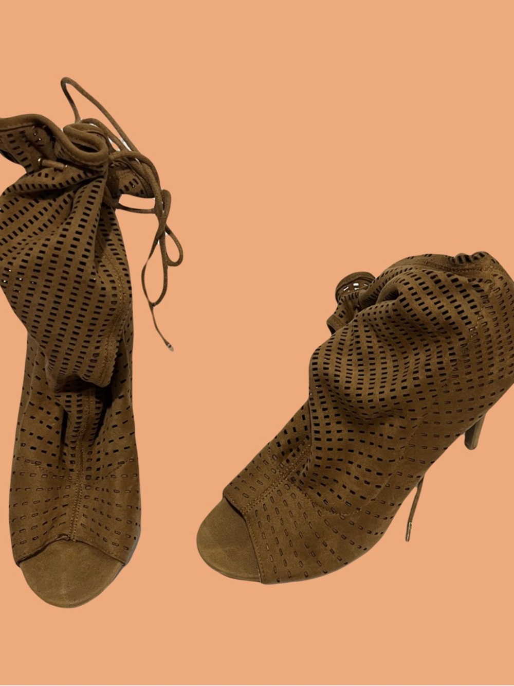 Anne Michelle Brown Perforated Suede Peep-Toe Lace-Up Booties